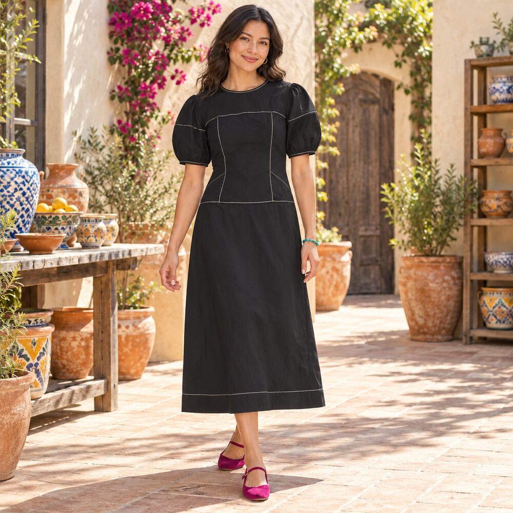 Madewell Dress WMNS Size 2 Black Puff Sleeve Drop Waist Midi Cotton Dark Twee